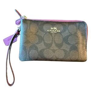 Coach Double Zip Brown & Fuchsia Wristlet Wallet